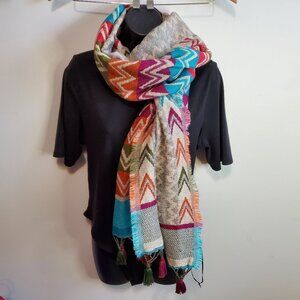 ANTHROPOLOGIE Ahujasons Chevron Scarf Wrap Shawl Cotton Wool Tassels 78" x 28.5"